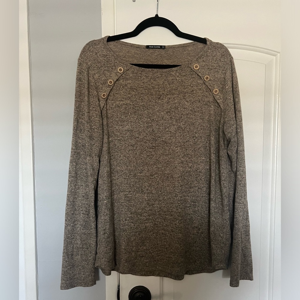 Pink Clover Luna Elbow Patch Button Detail Brushed Knit Top